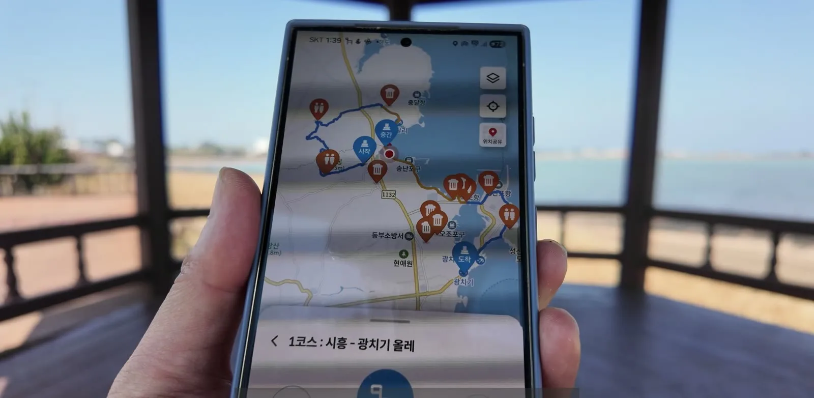 제주올레 공식 앱에서 1코스 시흥-광치기 올레 경로를 확인하는 화면